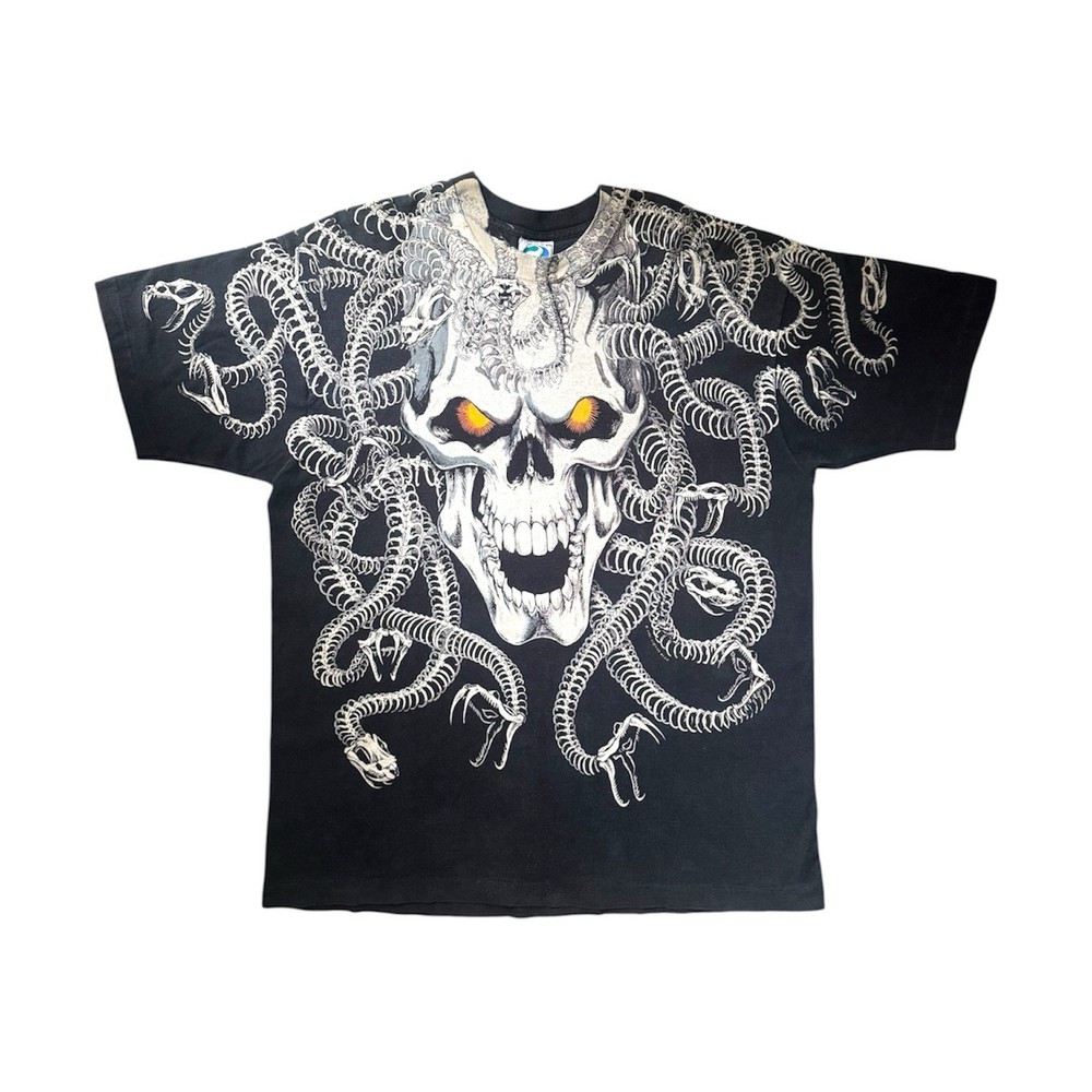VTG 90s Liquid Blue Medusa Skull Print All Over Single Sitch Faded Shirt 2XL