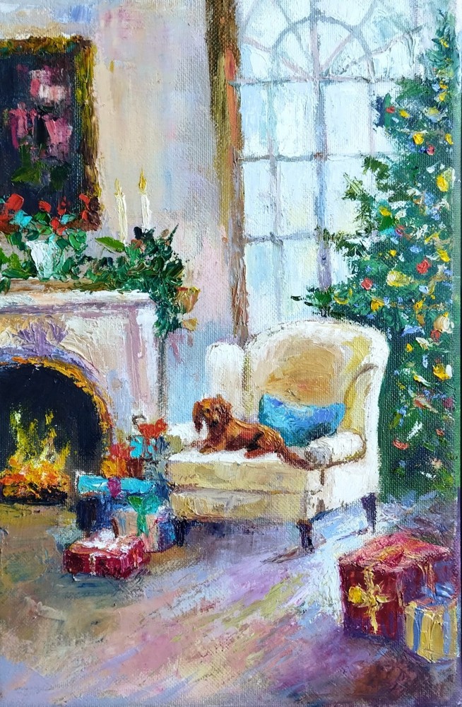 Christmas Eve Original Oil Painting Christmas tree Impressionism Wall art