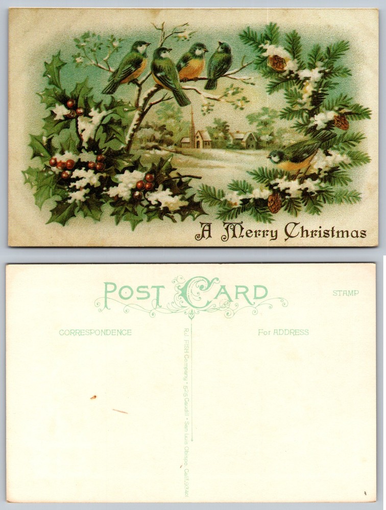 Birds Holly Snowy Church Merry Christmas Postcard