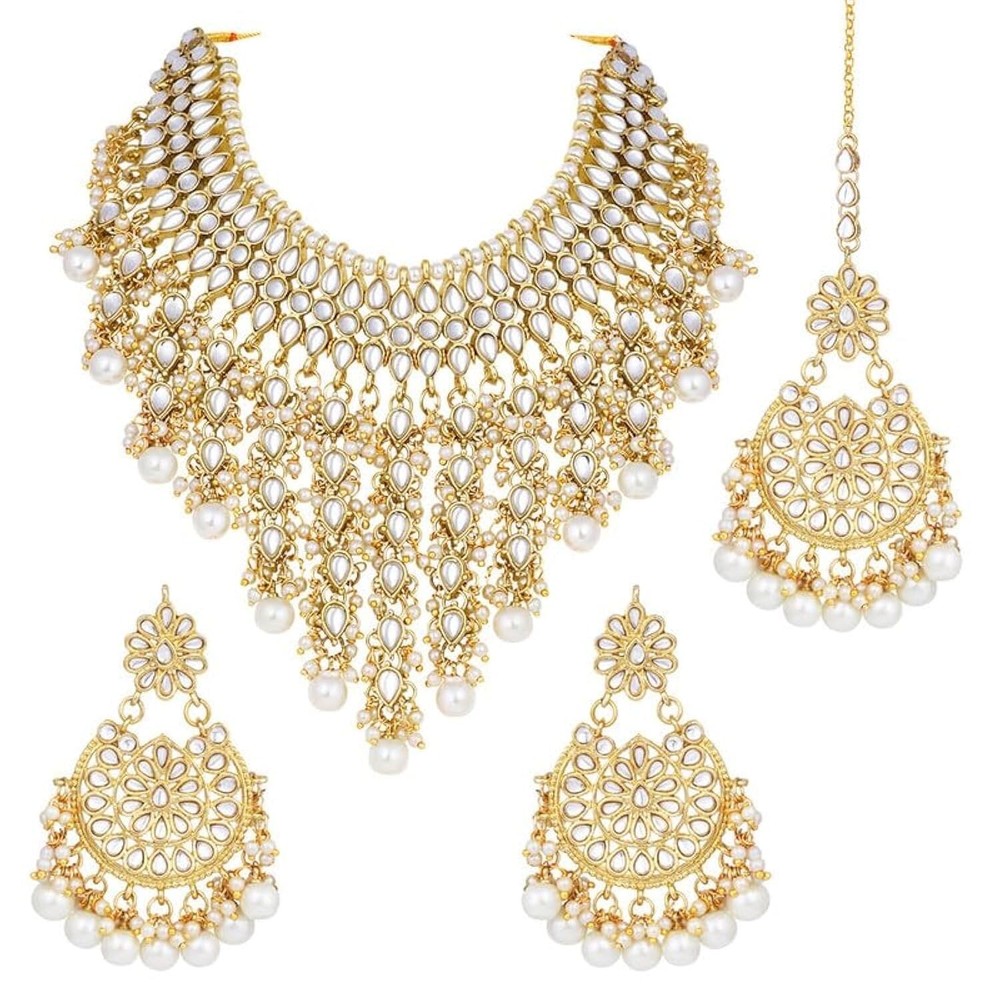 Aheli Elegant Indian Wedding Wear Faux Kundan Studded Choker Necklace with Ma...
