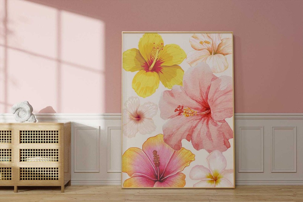 Hibiscus Art Floral Flowers Pastel Colors Bright Colors Pink Yellow Watercolor