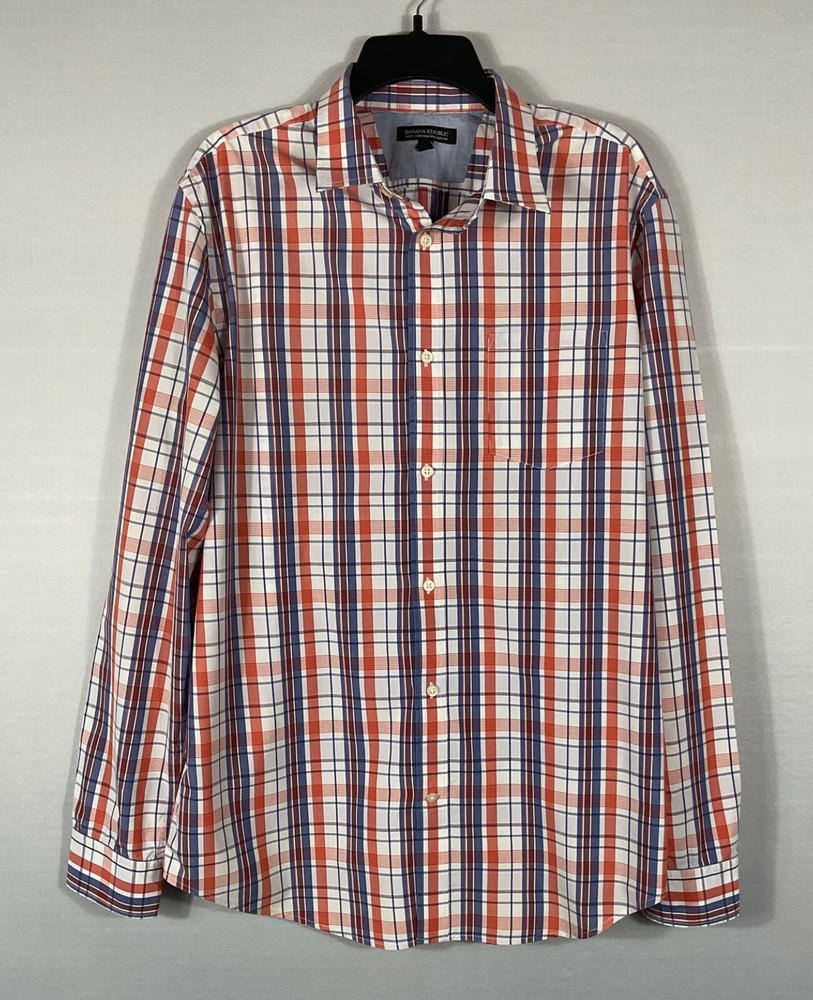 Banana Republic Shirt Mens XL Ivory Blue Red Plaid Button Up Collar Long Sleeves