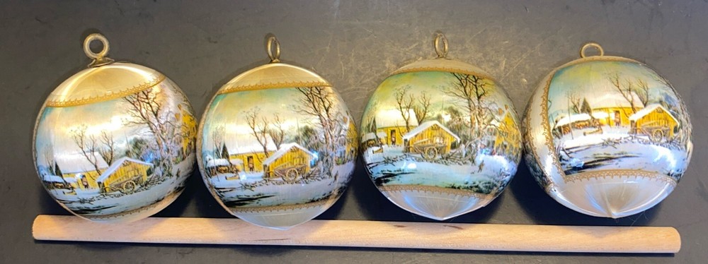 Vintage Set Of 4 Currier And Ives Winter Scene Satin Ornaments