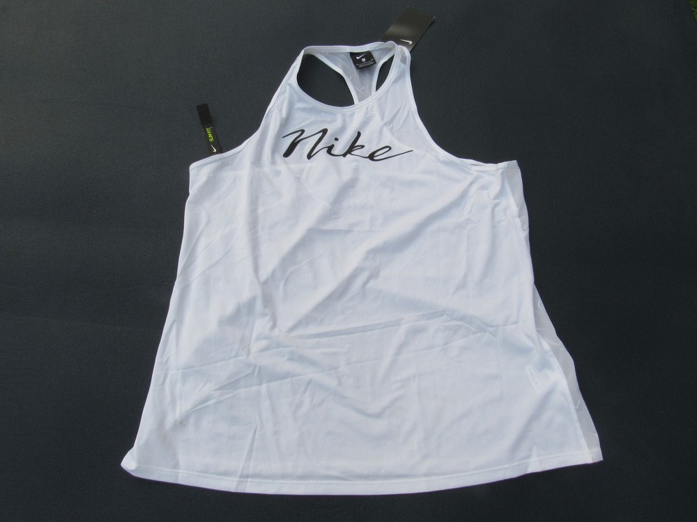 Nike Women's White Script Logo Dri-FIT Racerback Activewear Tank Top XL Slim Fit