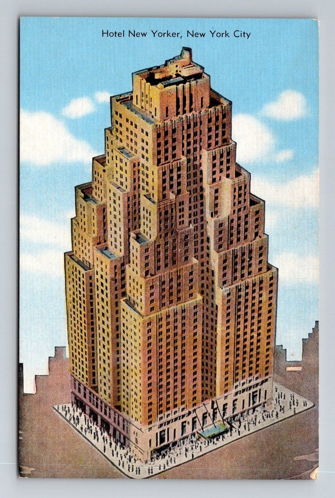 New York NY-New York Hotel New Yorker Tower Crowds Street Scene Vintage Postcard