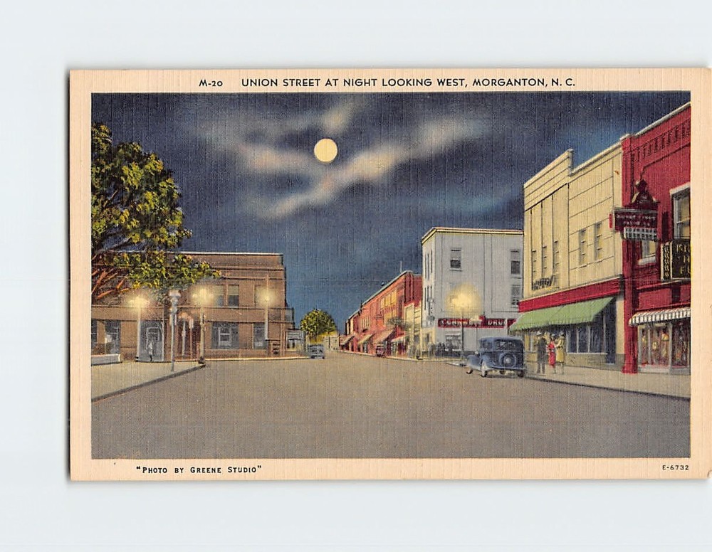 Postcard Union Street At Night Looking West Morganton North Carolina USA
