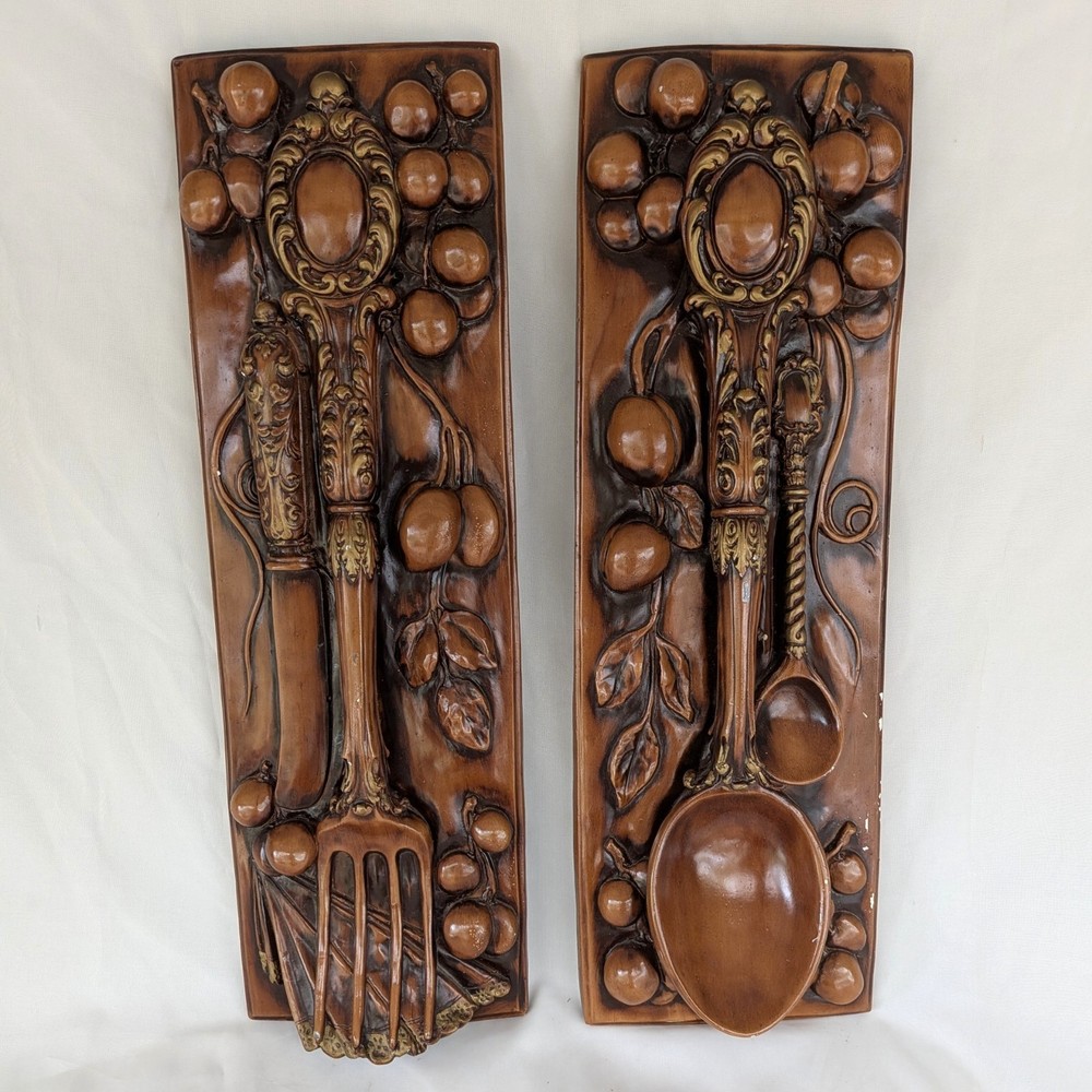 Vtg 1970s Chalkware 3D Wall Art Set Fork & Spoon Kitchen Decor Fruit Relief MCM