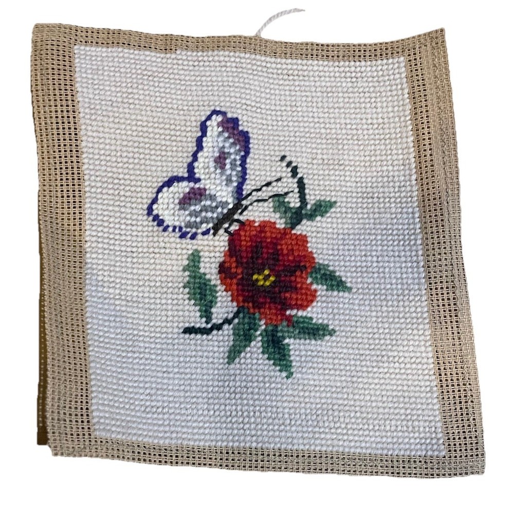 Vintage Needlepoint Butterfly & Red Flower Finished Unframed 7x7