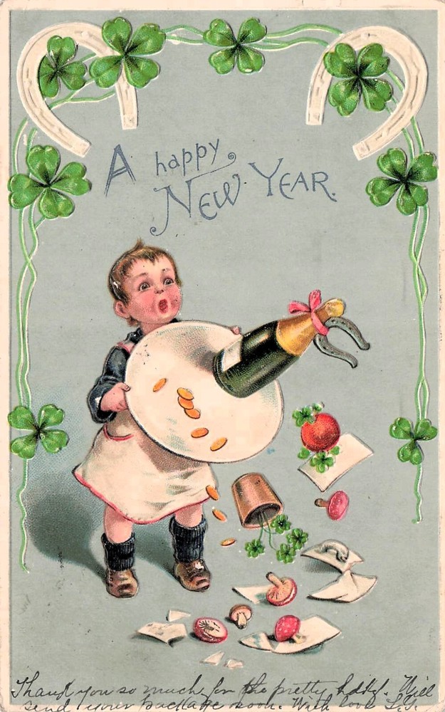 New Year Waiter Champagne Bottle Shamrock Horseshoe Luck Vtg Postcard E10
