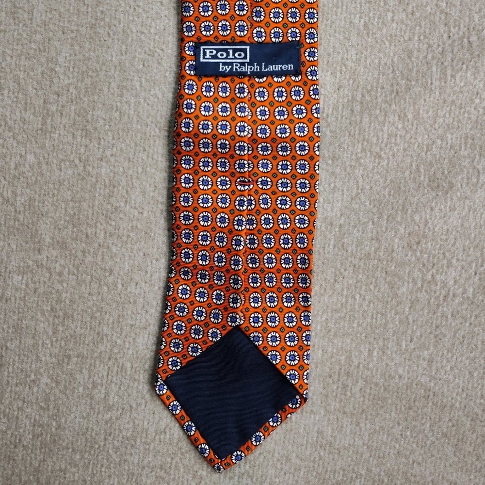 Polo Ralph Lauren Silk Tie Mens Orange Blue Geometric Medallion Hand Made Italy