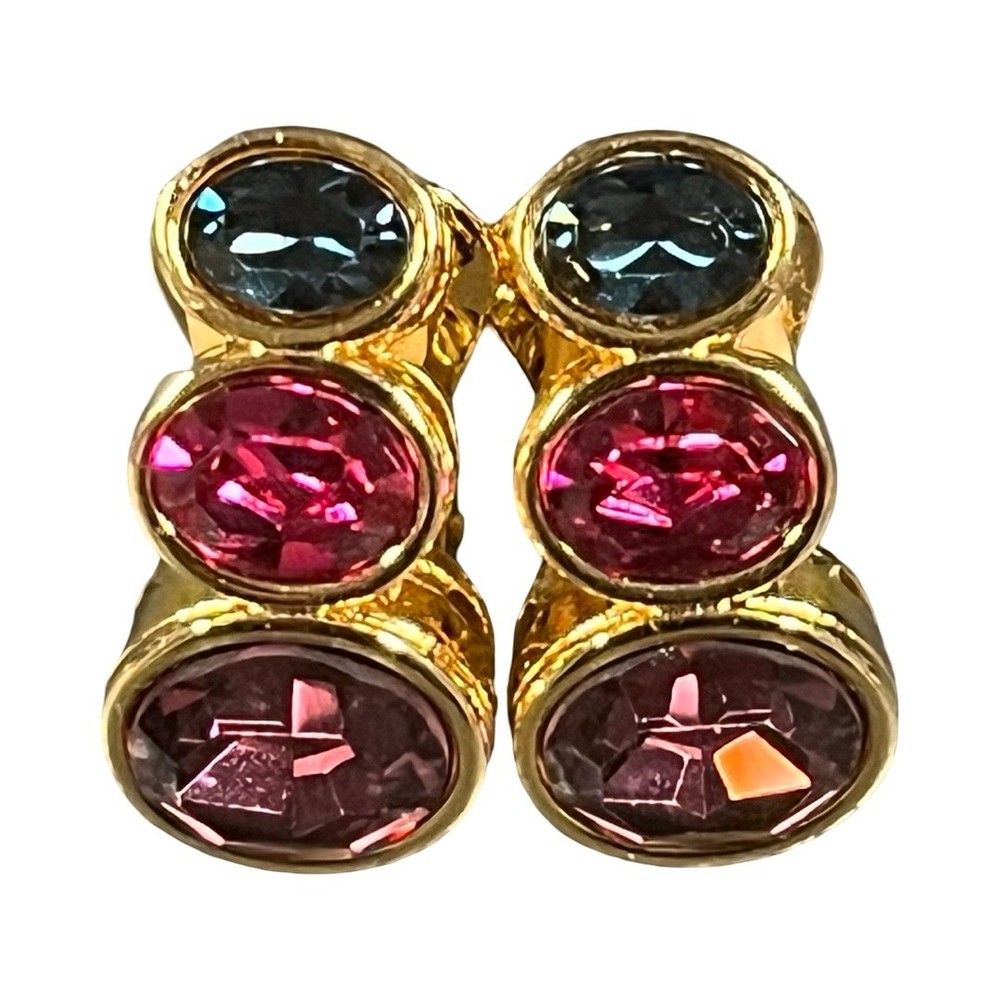 Nolan Miller Gold Tone Multi Color Crystal Oval Clip On Earrings Vintage Style