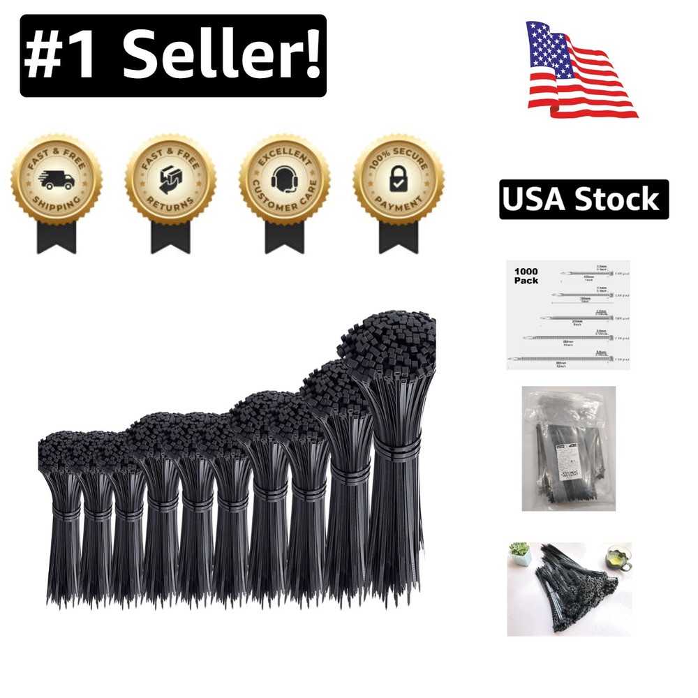 1000 Pack Heavy Duty Black UV-Resistant Cable Ties in Multiple Sizes