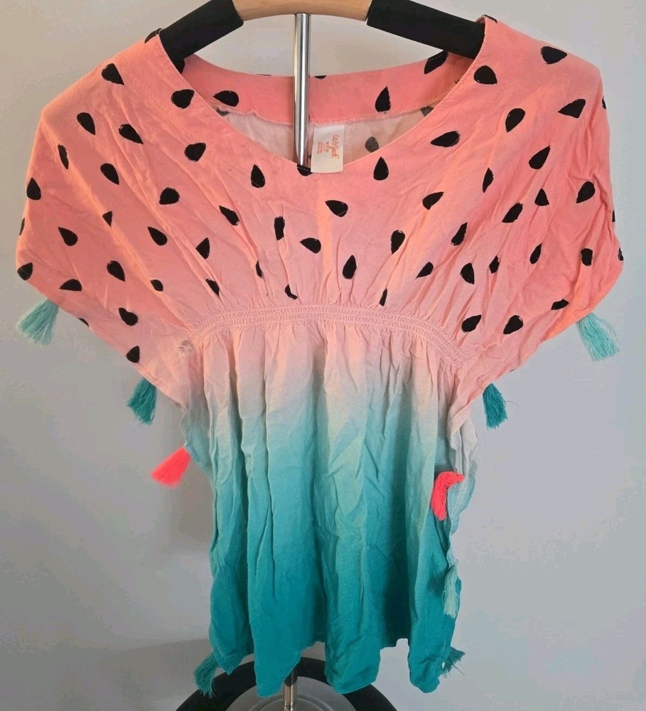 Girls Watermelon Style Top Pink Teal Ombre Tassel Blouse Polka Dot Summer Shirt