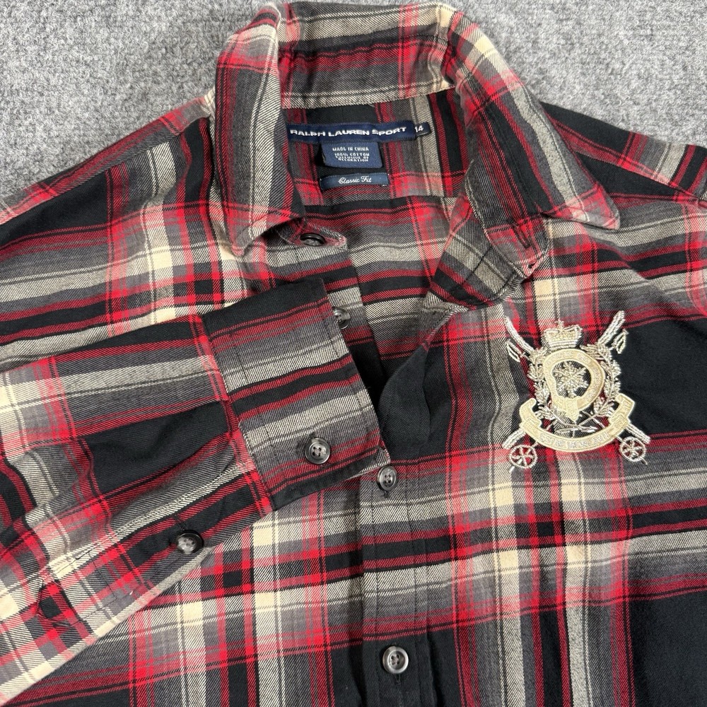 🧥 Ralph Lauren Sport Plaid Flannel Shirt Womens 14 Beaded Crest Red Black Gray