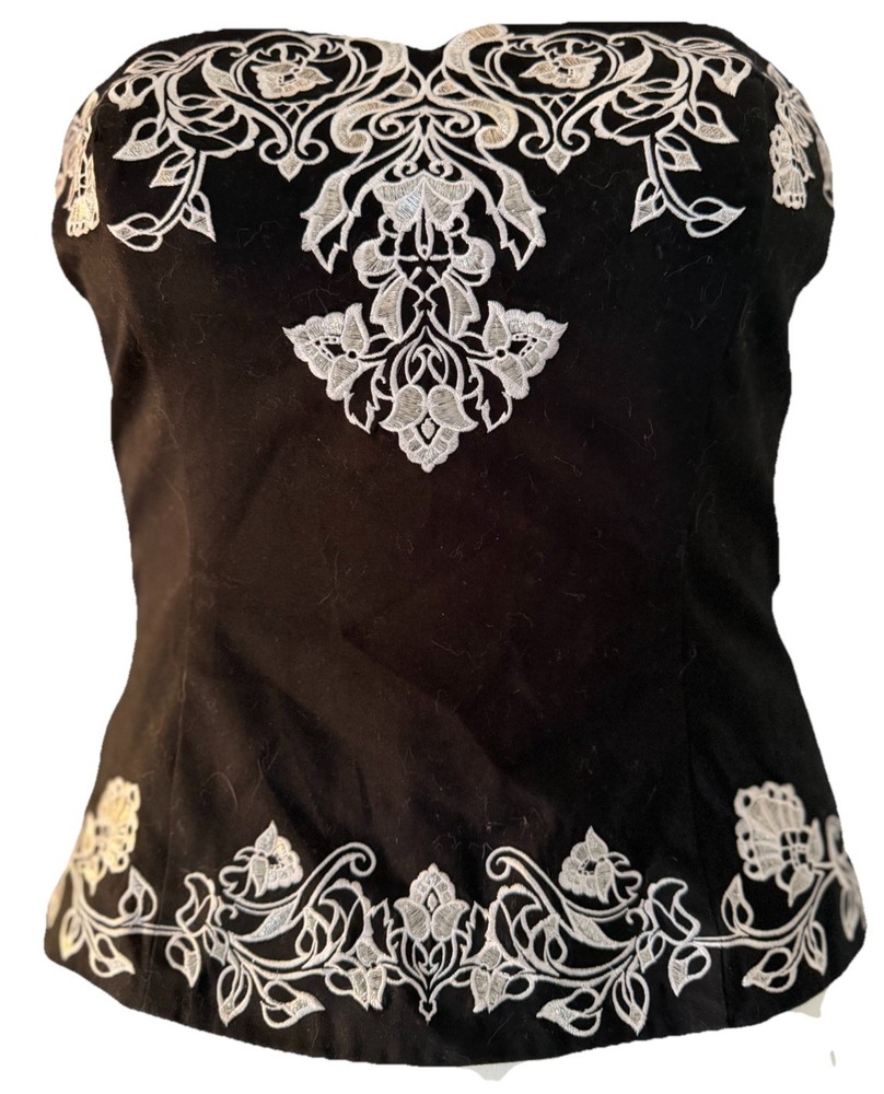 🤍🖤WHITE HOUSE BLACK MARKET Black Corset Bustier Embroidered Floral-Size 8🖤🤍