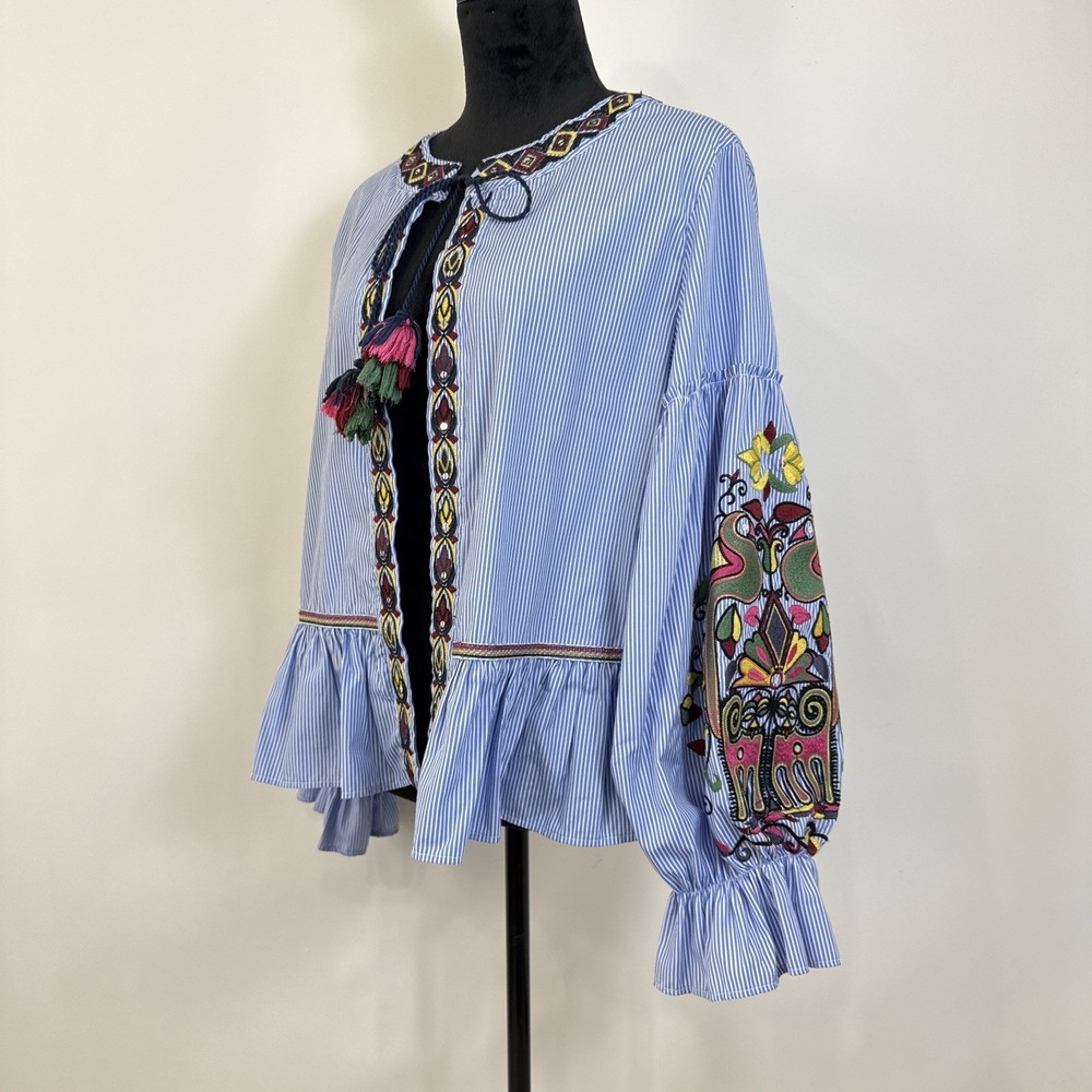 Zara Boho Embroidered Jacket Top Large Blue Striped Tassel Tie Layering  Artsy