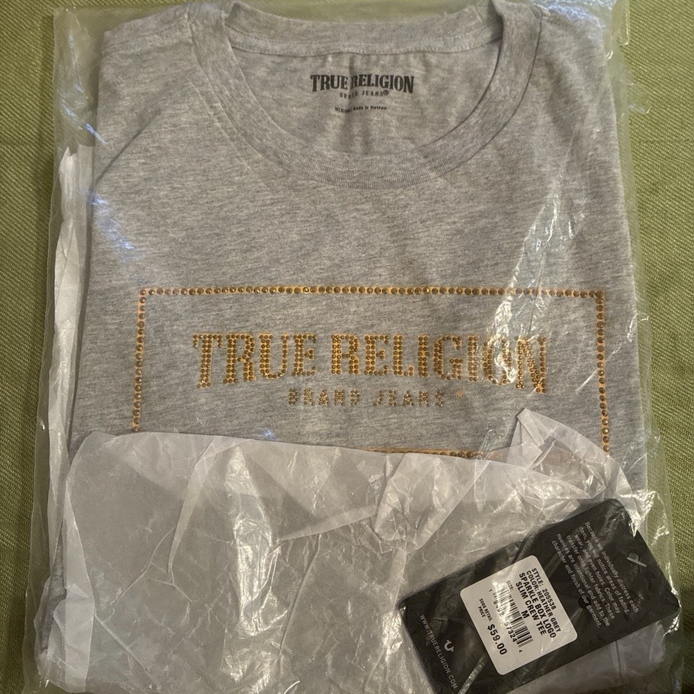 True Religion Men's Gray Logo Graphic Print Crew Neck Short Sleeve T-Shirt L