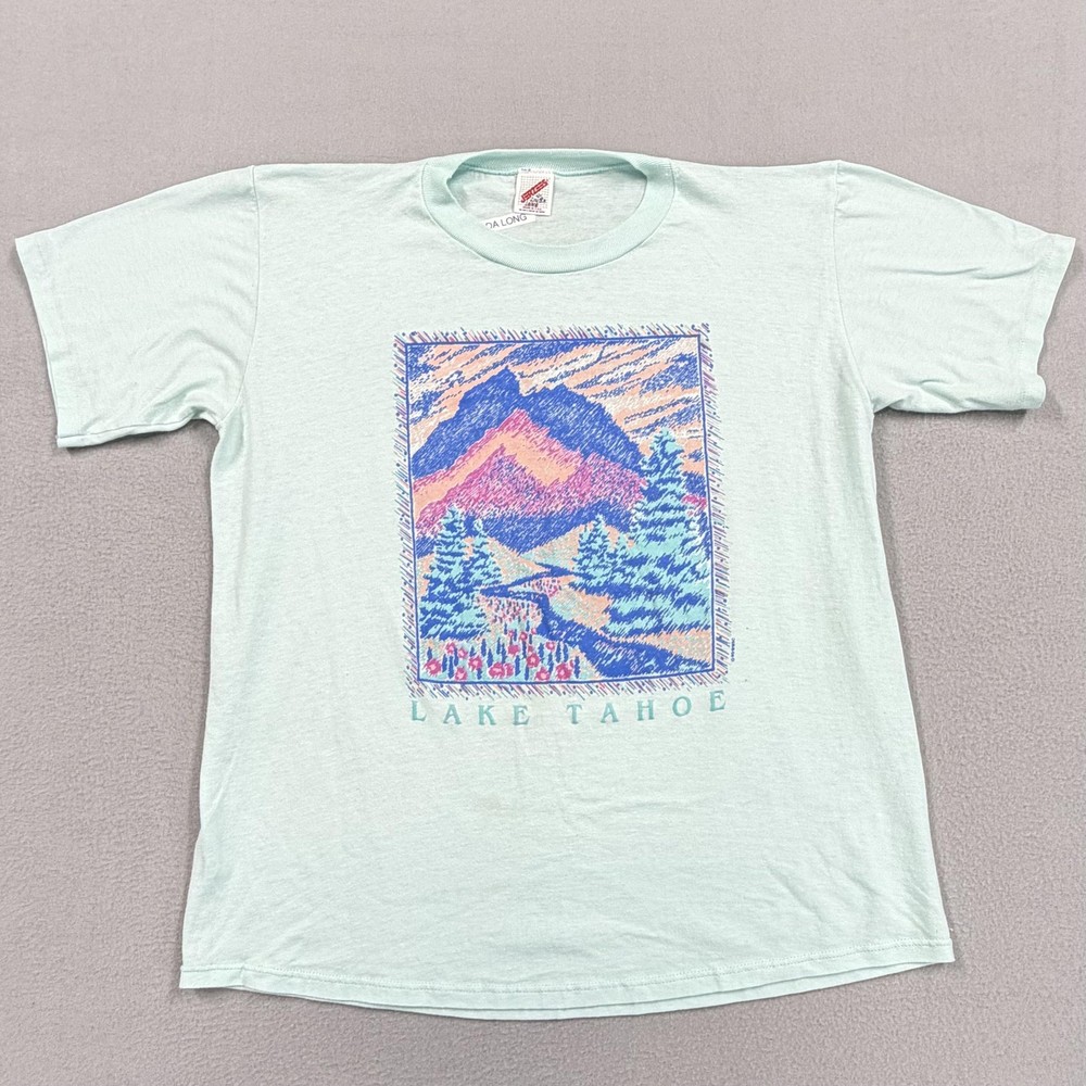 Vintage Lake Tahoe Shirt Mens Large Green Mountain Art Graphic Tee Jerzees 90s