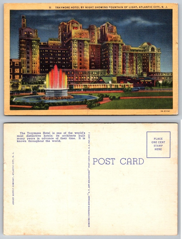 Vintage Traymore Hotel Atlantic City NJ Night Fountain Linen Postcard Curteich
