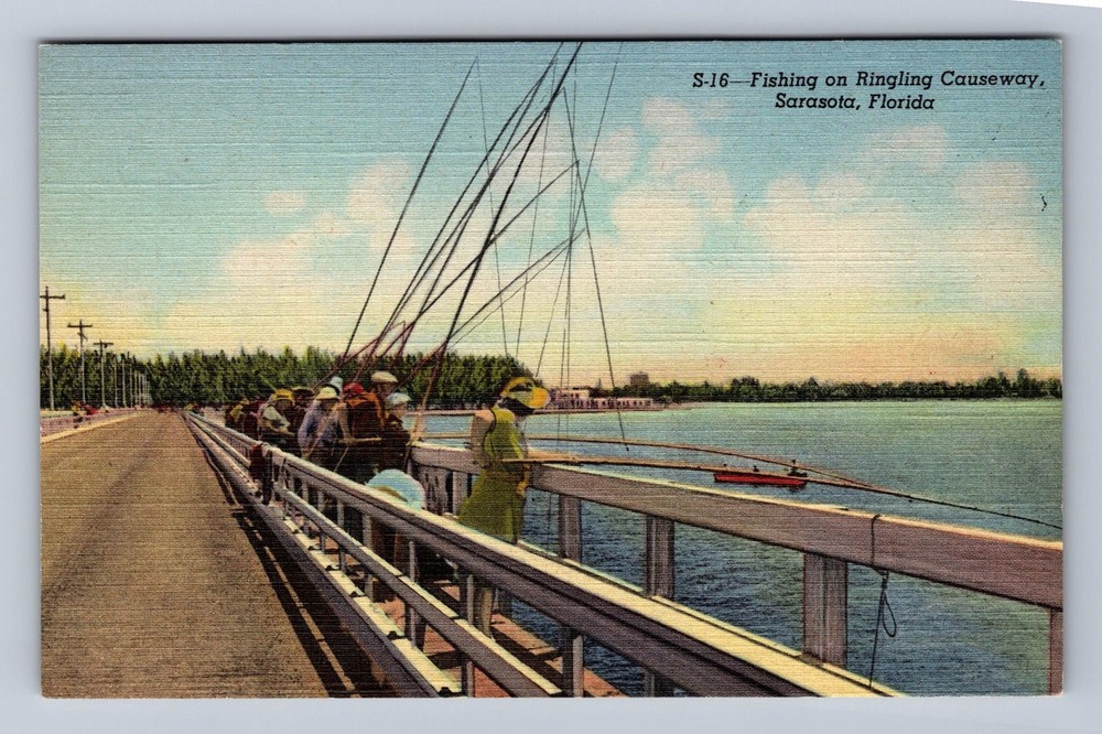 Sarasota FL-Florida Fishing On Ringling Causeway Vintage Postcard