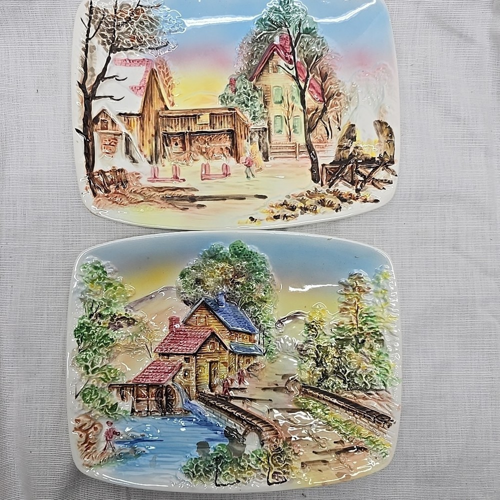 Lot Of 2 3D Farm Scenes Wall Plates Winter Decorative Hand Painted MCM