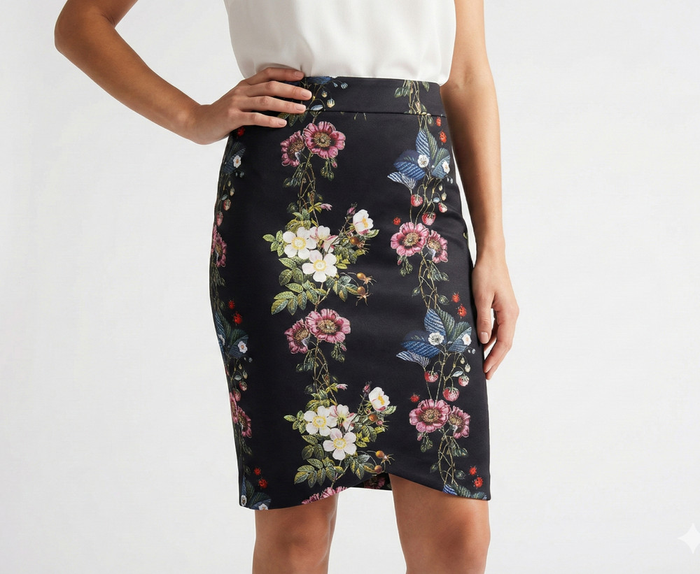 Ted Baker London Ruella Oracle Pencil Skirt Black Floral Strawberry Ladybug NWOT