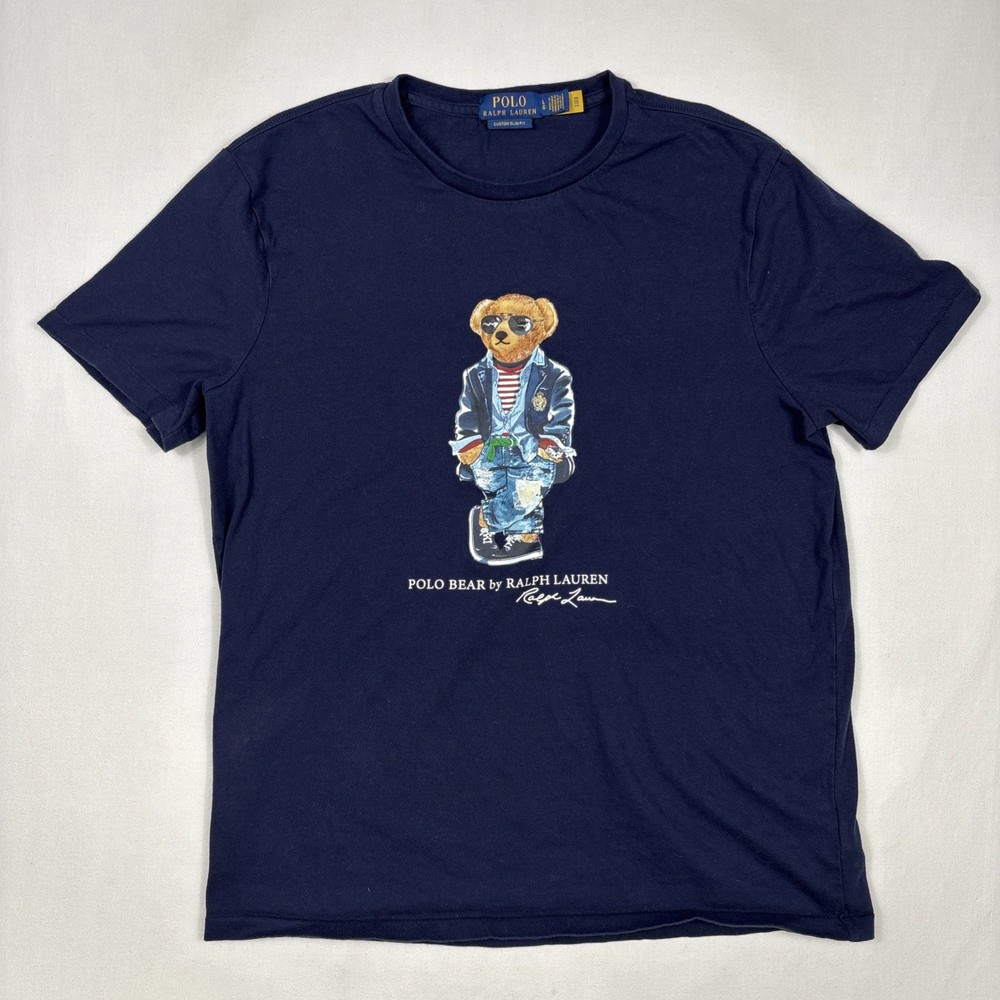 Polo Ralph Lauren Bear Shirt Men's L Blue Preppy Business Glasses T Shirt S/S
