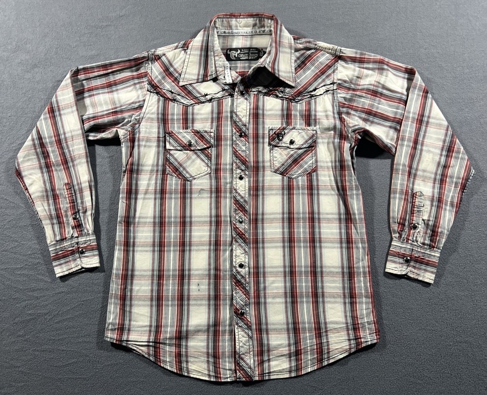COWBOY HARDWARE Pearl Snap Shirt BOY’S Large White Plaid Long Sleeve *READ*