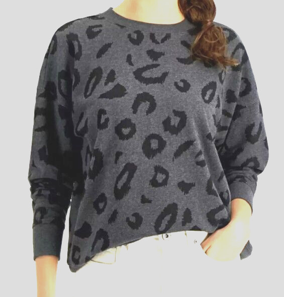 Style & Co Women's L Leopard Sweatshirt Long Sleeve French Terry Gray Black