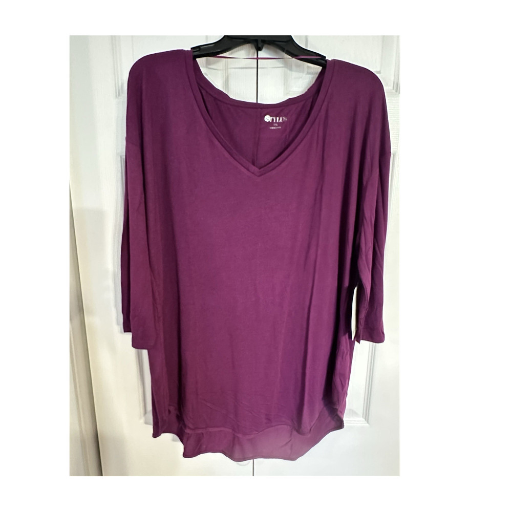 NWT Stylus Womens XXL Purple Solid V-Neck Knit Top 3/4 Sleeve Pullover