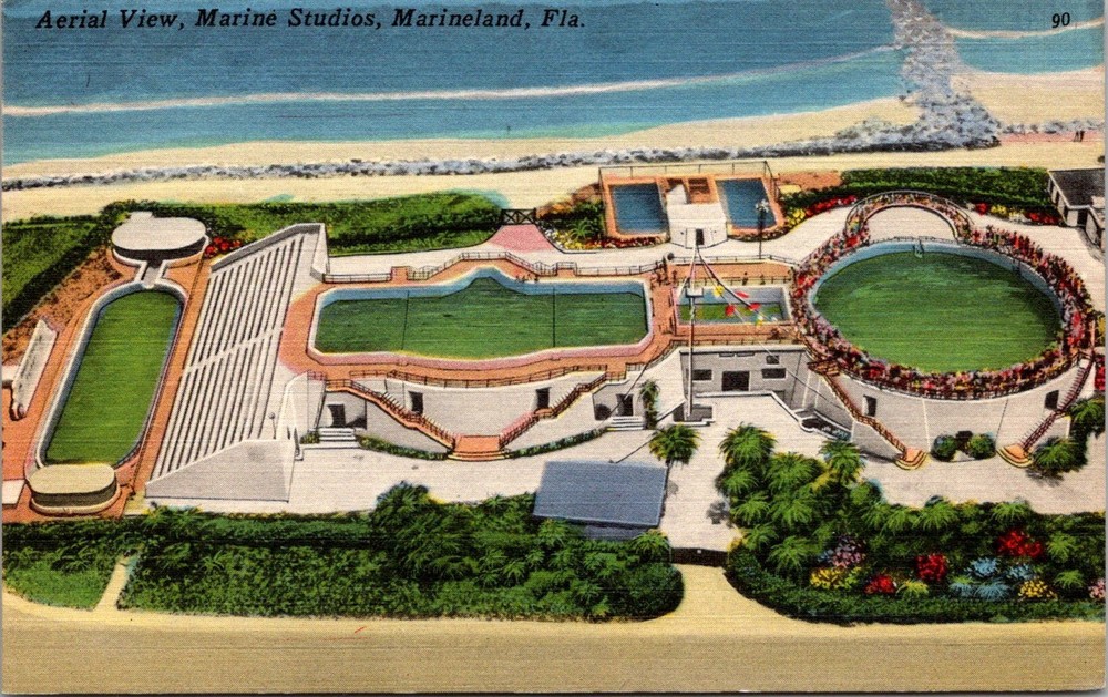 Dr Jim Stamps Postcard Aerial View Marine Studios Marineland Florida Linen