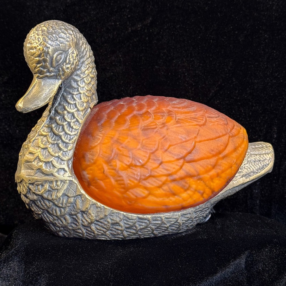 Vtg Original Cast Metal & Amber Glass Duck Lamp Heavy Figural Table Light USA