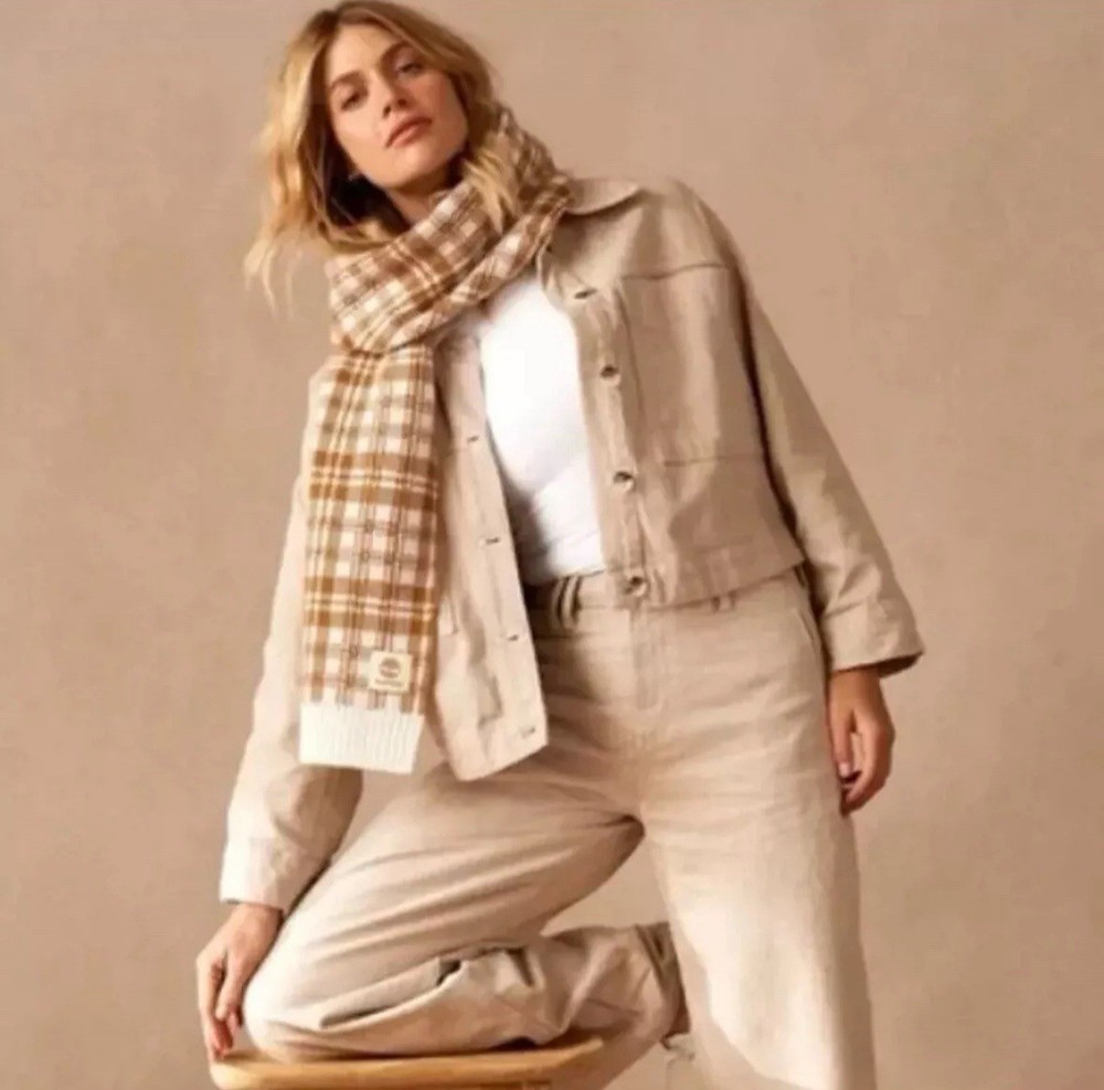 Timberland Womens Plaid Scarf in Tan & Cream - One Size