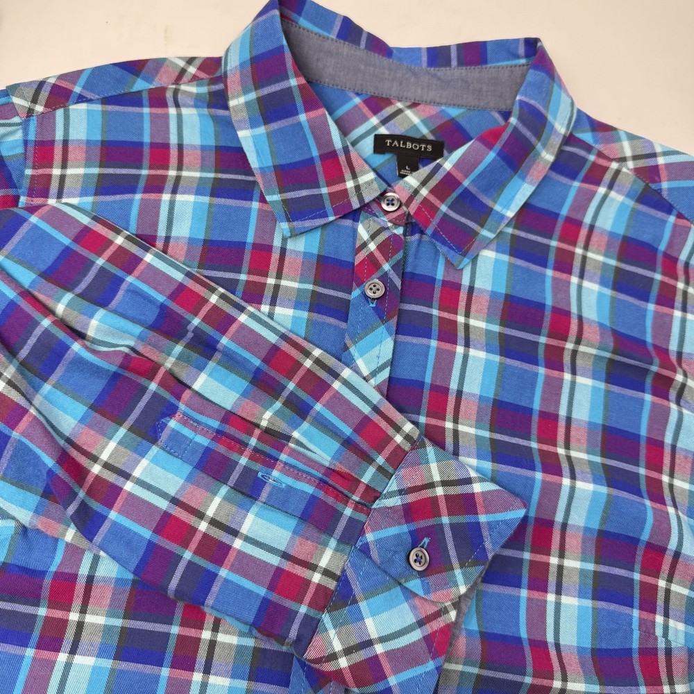 Talbots Shirt Womens Large Blue Plaid Cotton Button Front Long Sleeve Casual