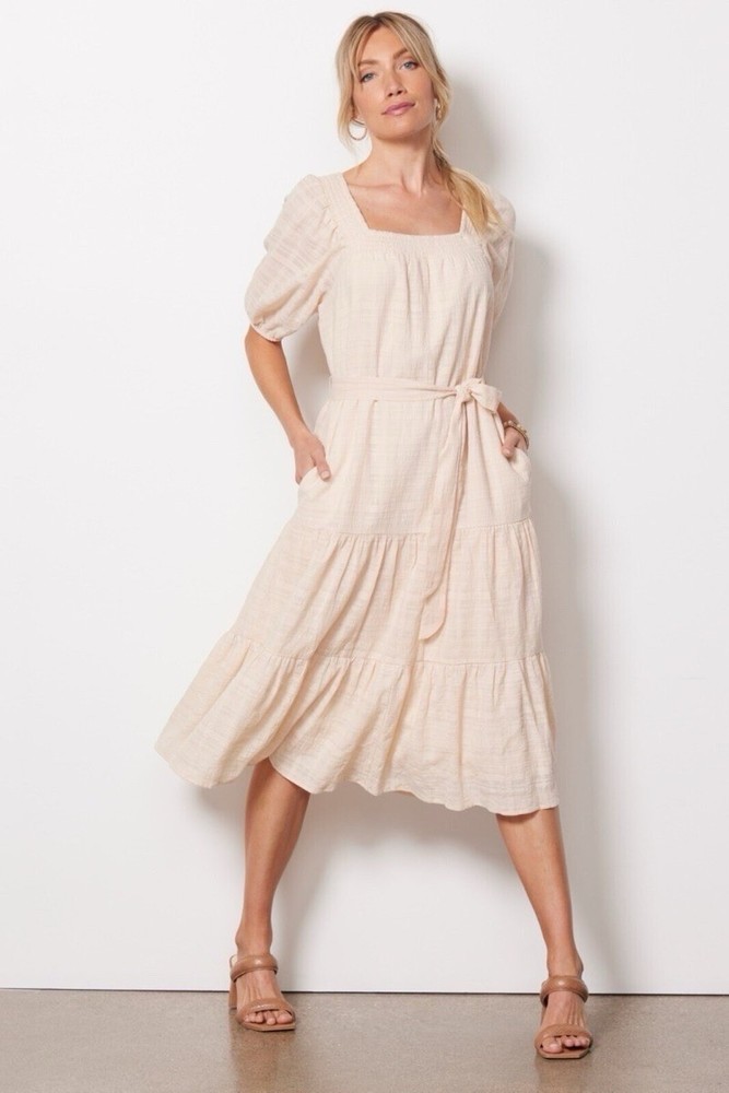 Evereve Carley Midi Dress Small Ivory cream blush puff sleeve cotton neutral
