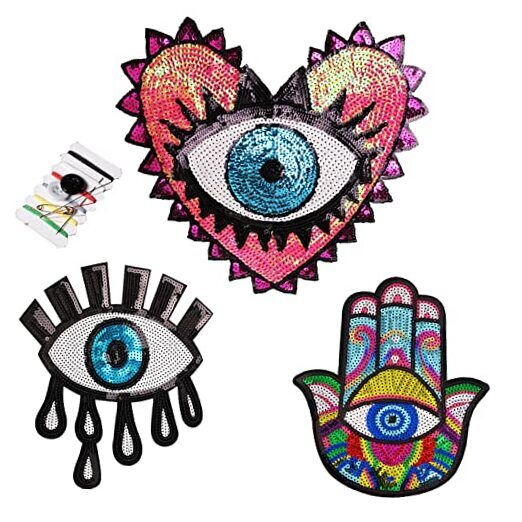 3PCS Evil Eye Sequin Patches Sewing on/Iron on, Large Embroidered Decorative
