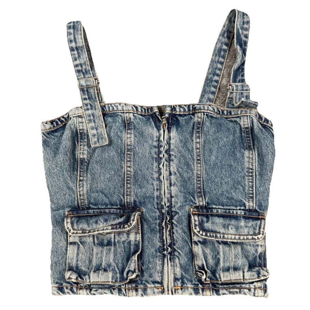 NWT ZARA Corset Blue Denim Top Size S Zip Front Strap Buckles Grunge H385