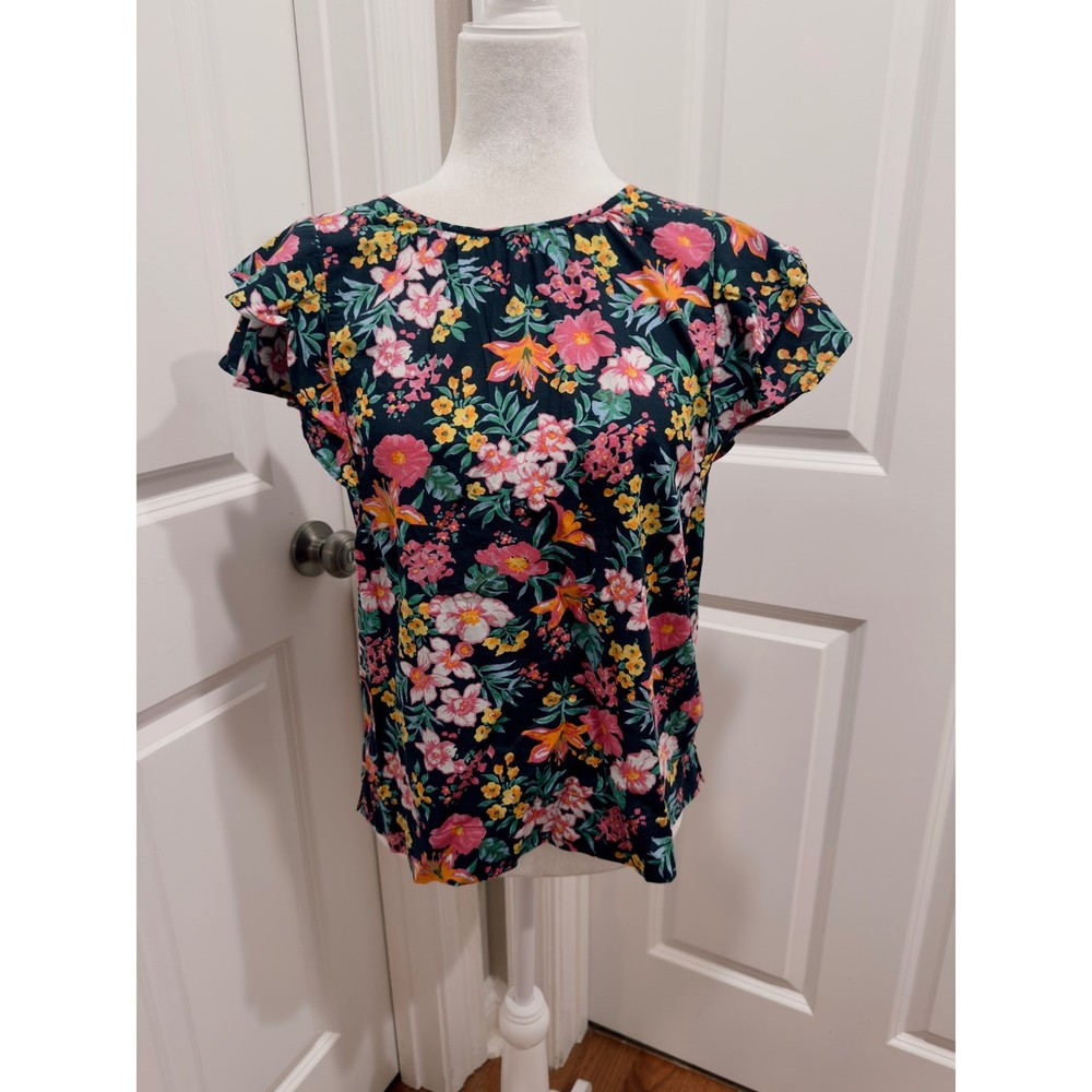 J.Crew Womens Floral Flutter Sleeve Cotton Blouse Navy Pink Yellow Small Spring