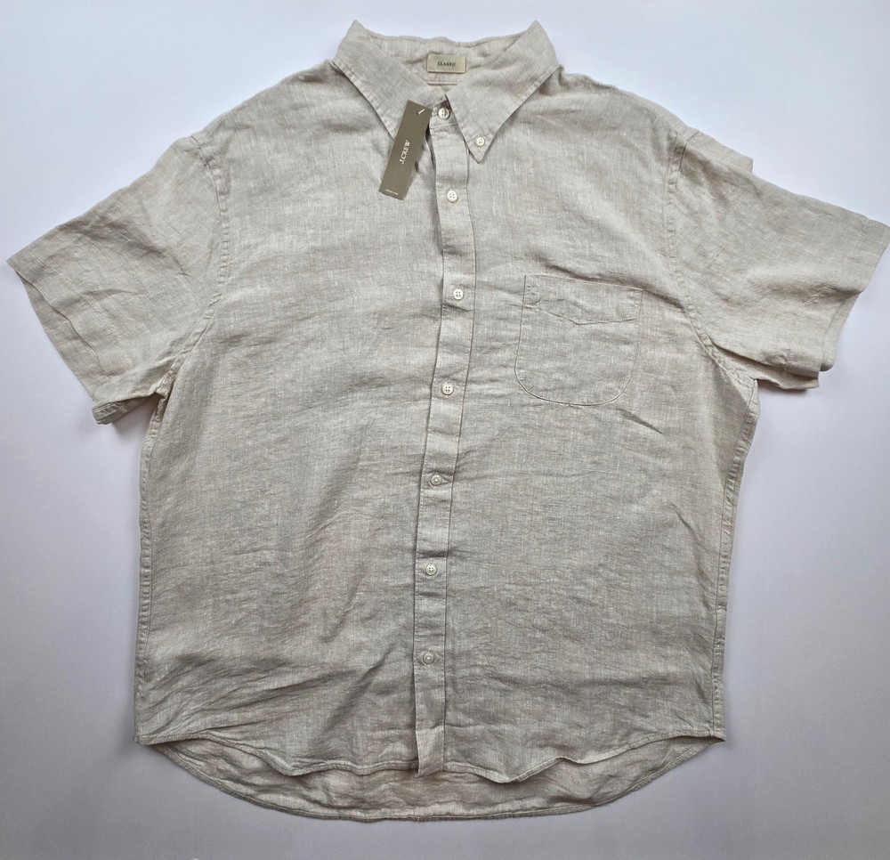 NWT J.Crew Baird McNutt Irish Linen Shirt Mens XL Flax Linen Beige Short Sleeve