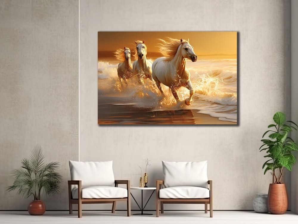 Vibrant Art Running Horses & Sea Waves Wall Art Canvas Unframed Print Art