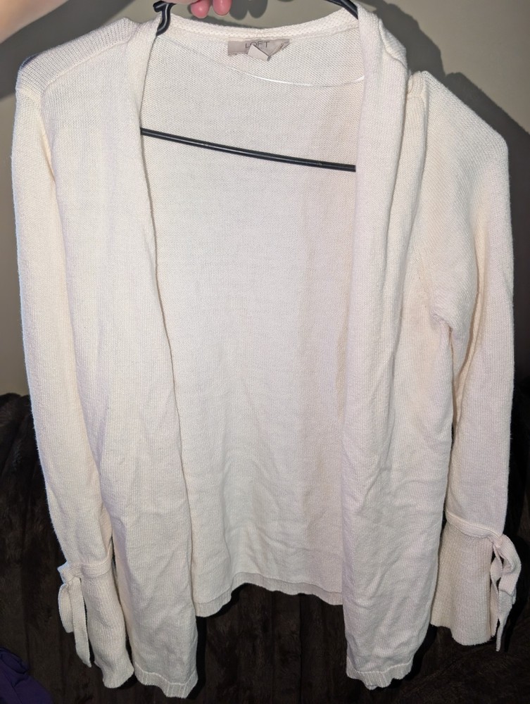 LOFT Outlet Women’s White Solid Knit Open-Front Tie Cuff Cardigan Sweater M