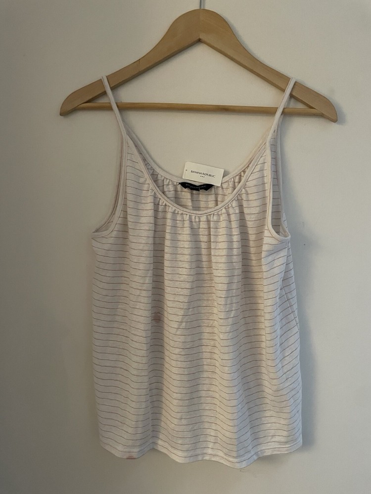 Banana Republic Women's Shimmery Striped Linen Blend Scoop Neck Tank Top Cream M