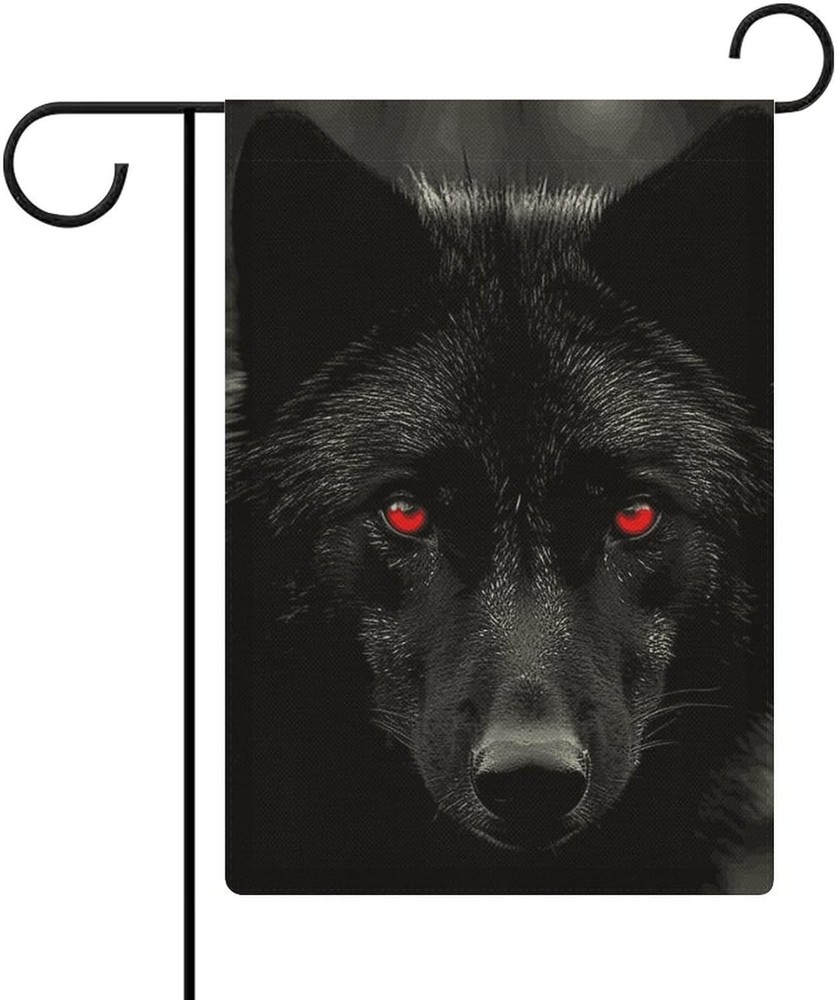 Black Red Eyed Wolf Garden Flag 12x18 Double Sided Burlap