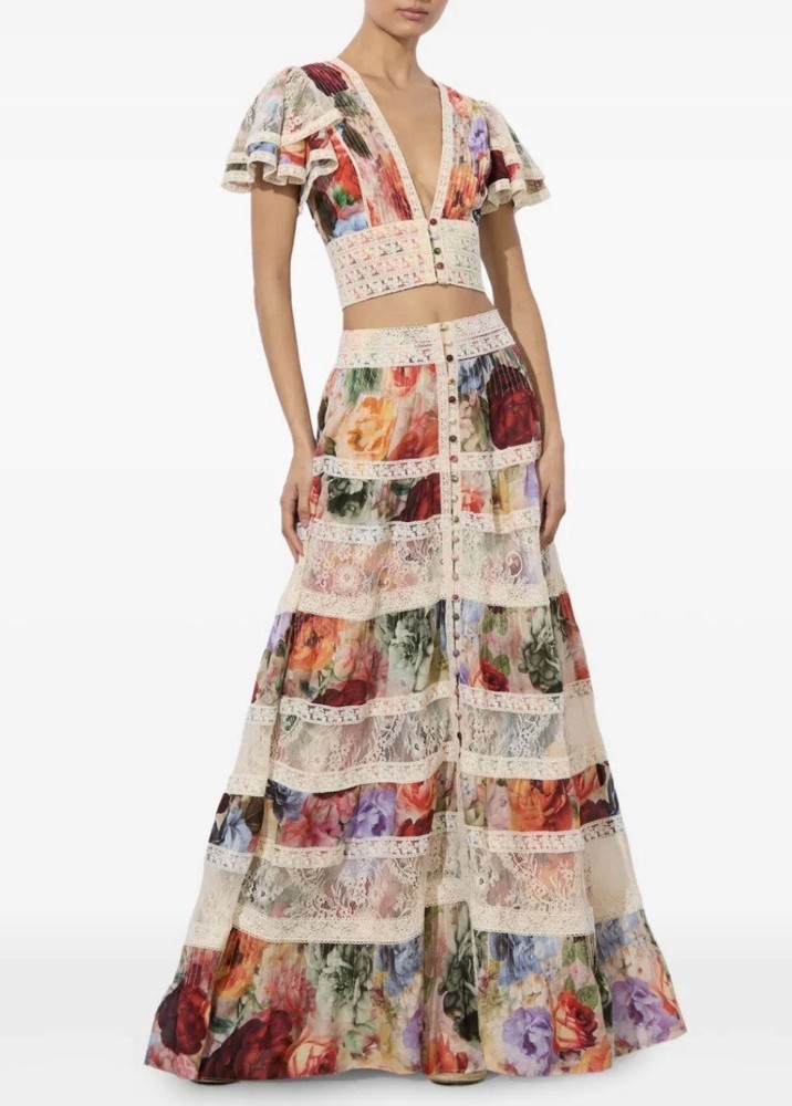 NWT ALICE + OLIVIA  KEELEY TOP + ADIRA SKIRT Set Storm Floral SIZE 6 /Blouse L