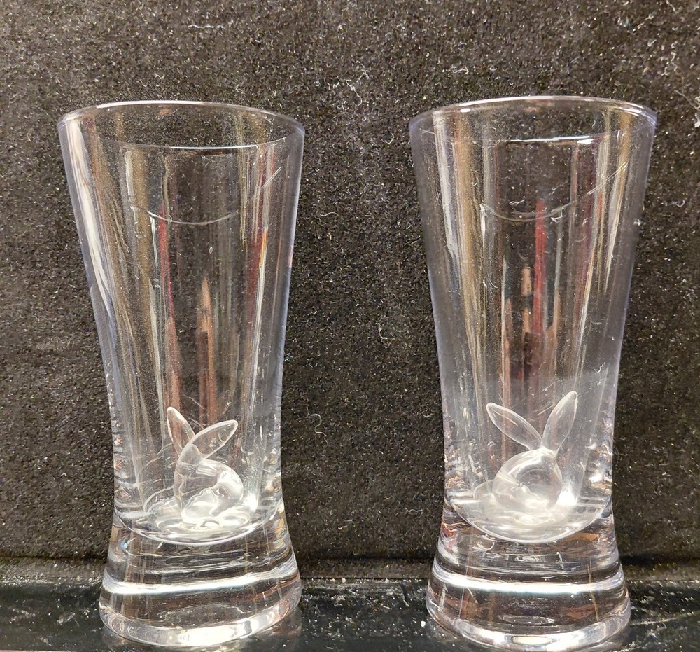 Playboy  Tall Shot glasses / shooters  with glass bunny inside ~ early 2000's