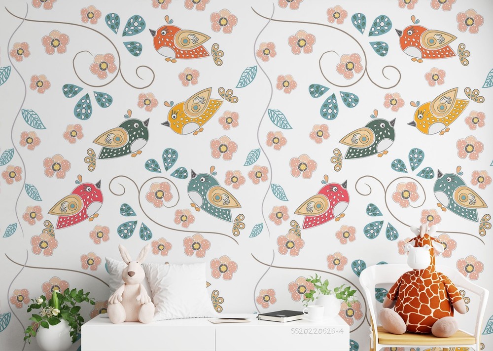 3D Hand Drawn Flowers Birds Cartoon Wall Murals Wallpaper Murals Wall Sticker