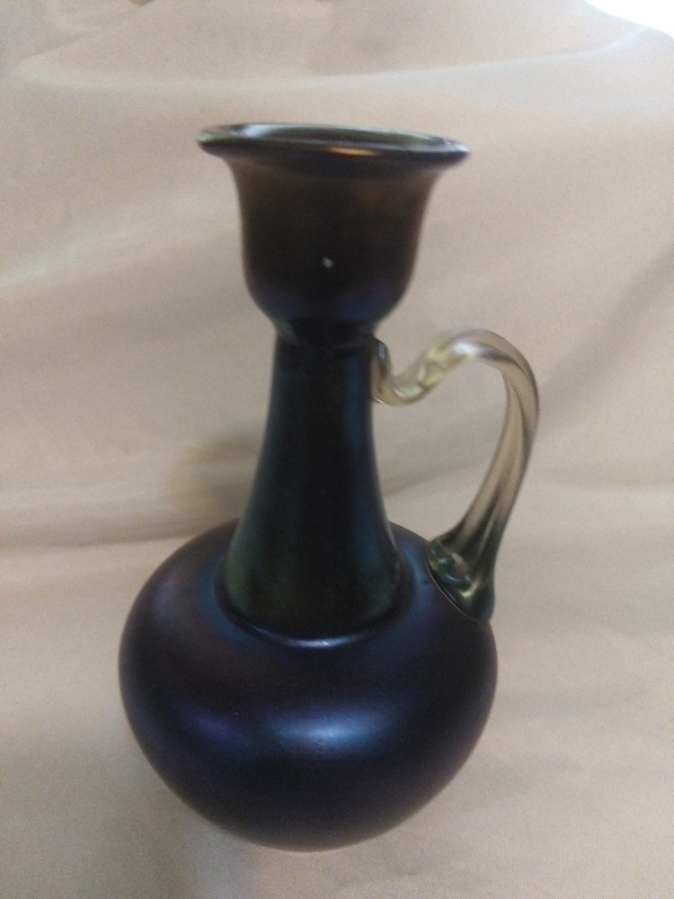 Loetz Rubin Matte Iris Handled Ewer Vase. Rare 1898