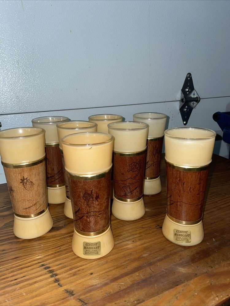 Siesta Ware Frosted Tiki Bar Tumblers Tiki Wood Sleeves Island Theme MCM  Vtg