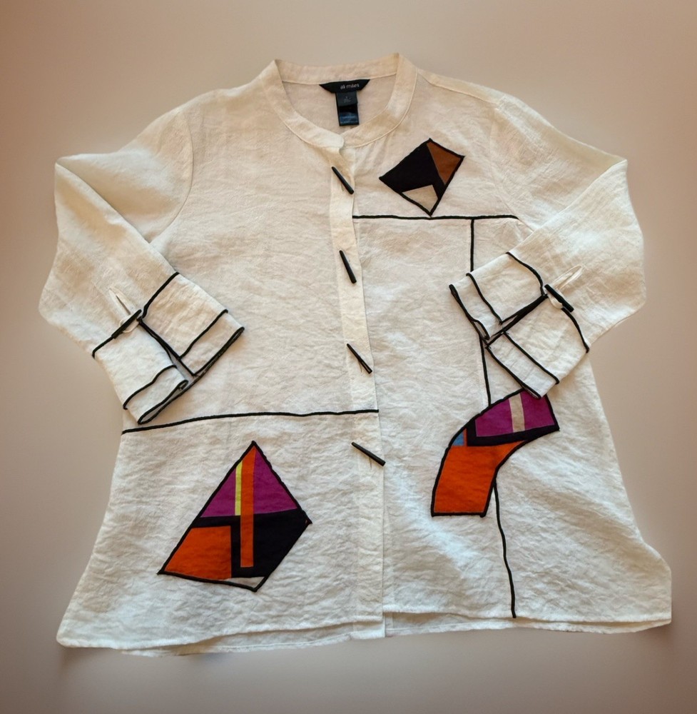 Ali Miles Blouse Womens Size S 100% Linen  Artsy Geometric Patchwork Blouse