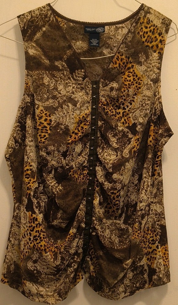 Venezia Jeans Animal Print Knit Tank Top Brown V-Neck Beaded Plus Size 22/24